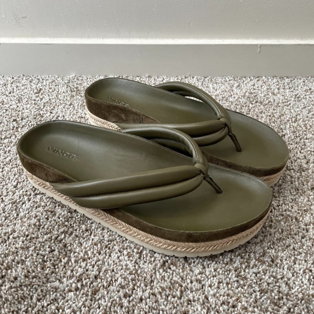 VINCE | New Forest Green Espadrille Platform Leather Flip Flop - Picture 3 of 11